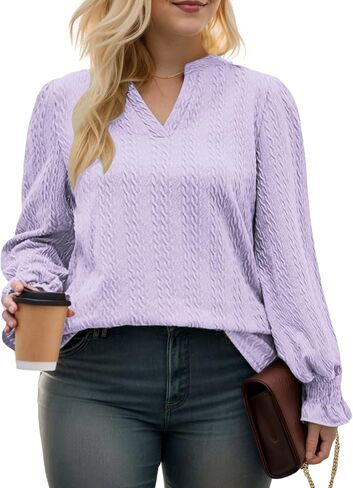 ROSRISS Plus-Size-Womens-Tops Casual Notched V Neck T Shirts Trendy Cute Puff Long Sleeve Tunics Dressy Textured Blouses in Saudi Arabia