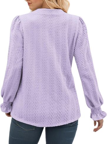 ROSRISS Plus-Size-Womens-Tops Casual Notched V Neck T Shirts Trendy Cute Puff Long Sleeve Tunics Dressy Textured Blouses in Saudi Arabia