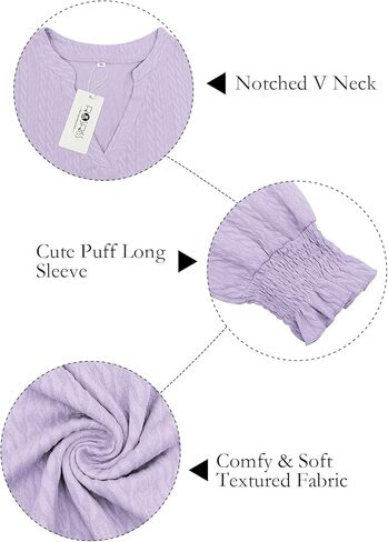 ROSRISS Plus-Size-Womens-Tops Casual Notched V Neck T Shirts Trendy Cute Puff Long Sleeve Tunics Dressy Textured Blouses in Saudi Arabia