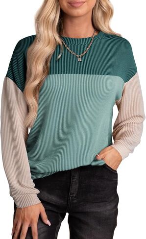 EVALESS Womens Long Sleeve Crewneck Shirts Tops Color Block Lightweight Oversized Loose Fit Top in Saudi Arabia