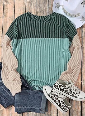 EVALESS Womens Long Sleeve Crewneck Shirts Tops Color Block Lightweight Oversized Loose Fit Top in Saudi Arabia