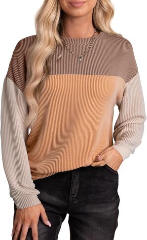 EVALESS Womens Long Sleeve Crewneck Shirts Tops Color Block Lightweight Oversized Loose Fit Top in Saudi Arabia