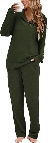 Famulily Womens 2 Piece Ribbed Knit Set Shawl Collar Long Sleeve Top and Pockets Pant Matching Lounge Sets in Kuwait