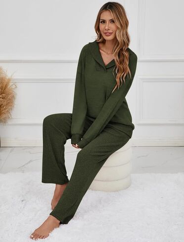 Famulily Womens 2 Piece Ribbed Knit Set Shawl Collar Long Sleeve Top and Pockets Pant Matching Lounge Sets in Kuwait