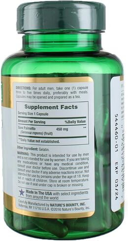 Nature's Bounty Saw Palmetto Support for Prostate and Urinary Health, Herbal Health Supplement, 450mg, 250 Capsules in Saudi Arabia