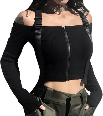 Women Off Shoulder Buckle Crop Top Long Sleeve Ribbed Shirt Tee Blouse Top Vest for Causal Party Clubwear in Kuwait