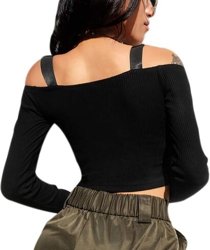 Women Off Shoulder Buckle Crop Top Long Sleeve Ribbed Shirt Tee Blouse Top Vest for Causal Party Clubwear in Kuwait