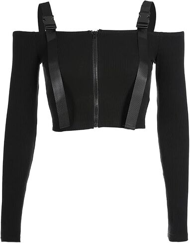 Women Off Shoulder Buckle Crop Top Long Sleeve Ribbed Shirt Tee Blouse Top Vest for Causal Party Clubwear in Kuwait