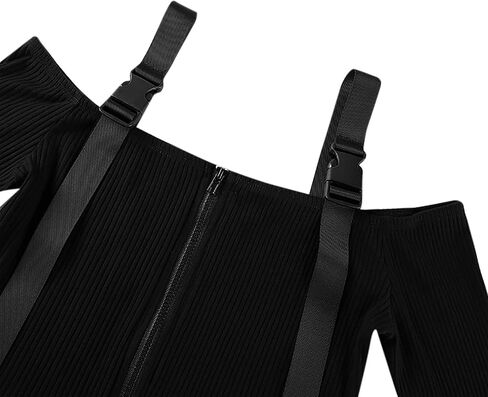 Women Off Shoulder Buckle Crop Top Long Sleeve Ribbed Shirt Tee Blouse Top Vest for Causal Party Clubwear in Kuwait