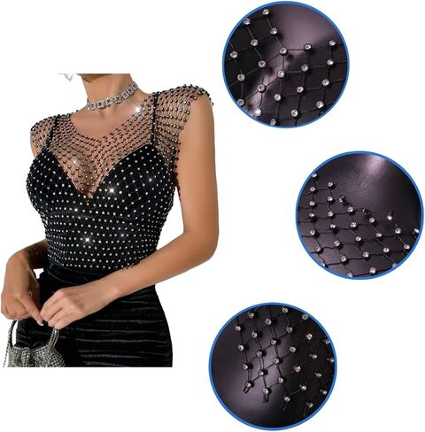 Fishnet Rhinestone Crop Top for Women, Black Sexy Mesh Diamond Hollow Out Crop Tops Festival Club Rave Outfit in Saudi Arabia
