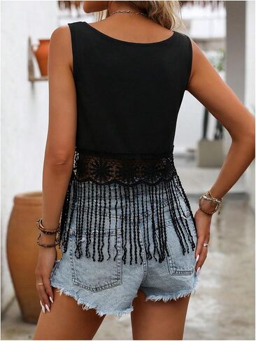 SHENHE Women's Fringe Tank Top Guipure Lace Scoop Neck Solid Boho Tassel Top Tank in Saudi Arabia