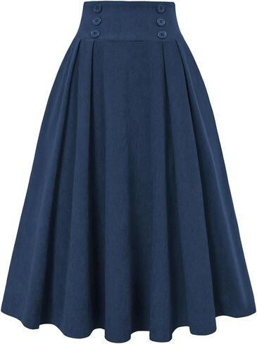 Belle Poque Corduroy Skirt for Women A-Line Flared Swing Skirt Midi High Waist Skirts in Kuwait