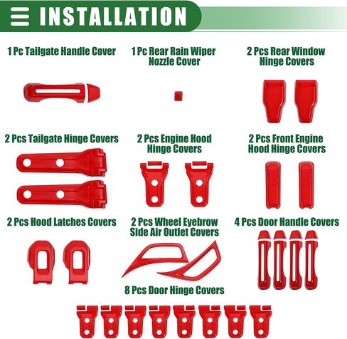 Motoforti 26PCS Full Set Exterior Decoration Trim Kit, Door Hinge Handle Engine Hood Hinge Hood Latch Cover, for Jeep Wrangler JL JLU 2018-2022, ABS, Red, 1 Set in Saudi Arabia