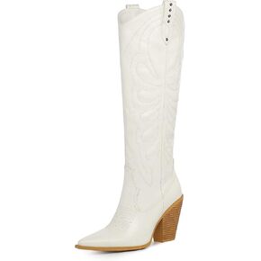 SEIFIN Women's Embroidered Cowgirl Boots Knee High Medium Stacked Chunky Heel Western Cowboy Tall Boots Studded Pointed Toe Shoes