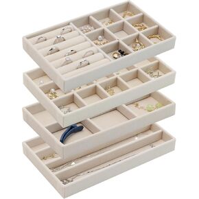 Set of 4 Stackable Jewelry Organizer Trays, Jewelry Drawer Organizer Inserts with Removable Dividers, Jewelry Display Tray Storage for Earring Ring Necklace Bracelet (Beige)
