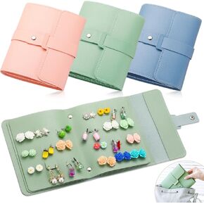 3 Pcs Earring Holder Organizer Book Design Portable Earring Book Organizer 42 Pairs PU Leather Travel Earring Case Foldable Jewelry Stud Earring Organizer Storage for Women Green Blue Pink