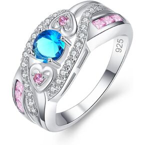 Gorgeous Silver Plated 5x5mm Created Blue and Pink Topaz Cubic Zirconia Filled Heart Twisted Ring Band Christmas Gift for Women Ladies Girls Size 9
