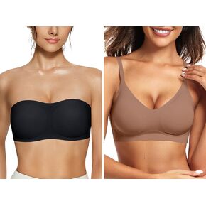 Vertvie Wireless Strapless Bra(Black,S)+Seamless Bras(Coffee,S)