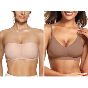 Vertvie Wireless Strapless Bra(Skin,S)+Seamless Bras(Coffee,S)