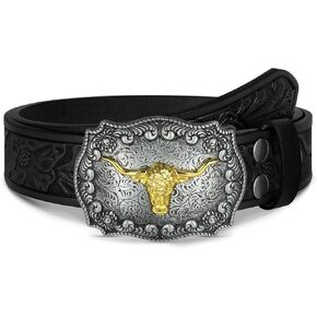 Western Cowboy Cowgirl Belt for Men Women Western Country Belt Buckle Floral Engraved Leather Belt