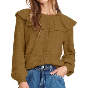 Women Ruffle Collar Cardigan Open Front Long Sleeve Button Down Knit Sweater Coats Solid Casual Fall Tops with Pockets