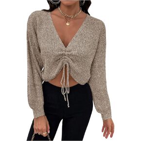 MakeMeChic Women's Drawstring Knit Crop Tops V Neck Long Sleeve Asymmetrical Hem Sweater