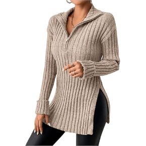 MakeMeChic Women's Half Zip Sweater Long Sleeve Split Hem Rib Knitted Pullover Tops