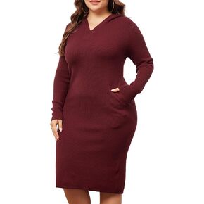 Agnes Orinda Plus Size Women 2024 Fall Sweater Dresses Pullover Hooded with Pocket Midi Winter Knit Sweater Dress