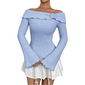 GORGLITTER Women's Floral Off The Shoulder Sweater Coquette Flare Sleeve Asymmetrical Knit Tops