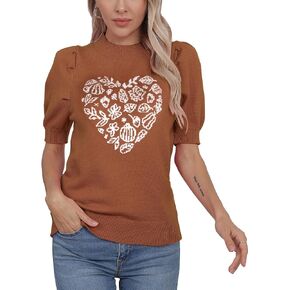 Womens Puff Short Sleeve Sweaters Lightweight Casual Pullover Shirt Cute Heart Sweater Top