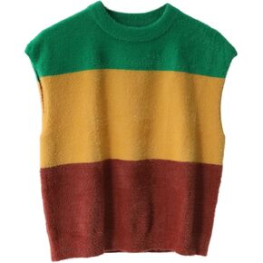 Dqbeng Womens Fuzzy Sweater Vest Sleeveless Casual Crewneck Loose Fit Color Block Pullover Tops