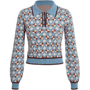 Women's Geometric Long Sleeve Knit Sweaters 1/4 Button Colorblock Collared Casual Pullover Tops