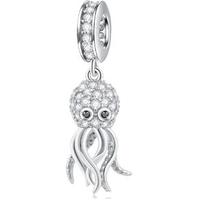 Sparkling Octopus Dangle Charms fit Pandora Ocean Bracelet, 925 Sterling Silver Swimming Squid Sea Life Pendant Bead with CZ Black Eye, Gifts for Sister/Animal Lover/Travel