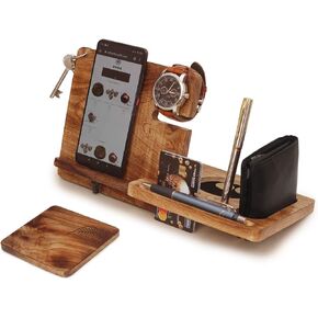 Festive Deals - ABHANDICRAFTS Wooden Docking Station for Men - Multi-Device Charging Organizer for Phones, Watches, Keys & Wallets - Perfect Compatibility with iPhone