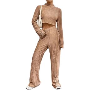 OYOANGLE Women's Two Piece Outfits Textured Mock Neck Long Sleeve Crop Tee Top and Flared Leg Pants Set