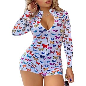 Women 's V-Neck Bodysuit Jumpsuits Print Short Onesies Stretch Long Sleeve Pajama Romper (Butterfly White, M) in Saudi Arabia