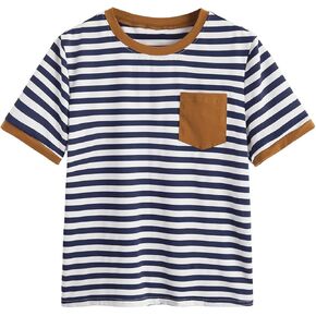 SweatyRocks Boy's T Shirts Striped Short Sleeve Crewneck Summer Tee Tops with Pocket