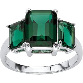 PalmBeach Sterling Silver Emerald Cut Simulated Green Emerald 3-Stone Ring Sizes 5-10