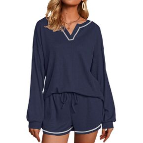 Womens Pajama Sets Waffle Knit Long Sleeve Tops and Shorts Matching Lounge Set Sweatsuit with Pockets