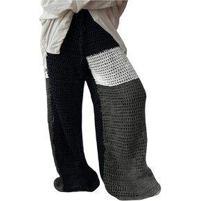 MakeMeChic Women's Crochet Wide Leg Pants Tie Waist Colorblock Hollow Out Trousers Knit Baggy Y2K Trousers