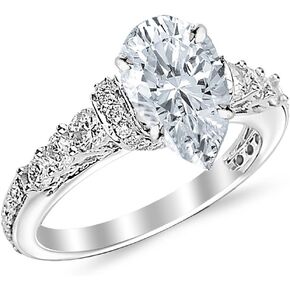 14K White Gold 1.75 Carat LAB GROWN DIAMOND Designer Four Prong Pave Set Round Pear Cut Diamond Engagement Ring (E-F Color VS1-VS2 Clarity 0.75 Ct Center)