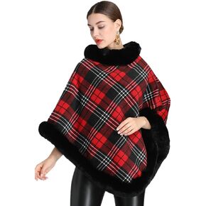 Women Poncho Cloak Plaid Pullover Cape Thick Faux Fur Shawl Wrap Knitted Batwing Sleeve Winter Woolen Sweater