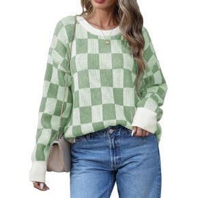 Women's Winter Oversized Sweaters Checkered Crewneck Color Block Batwing Long Sleeve Ribbed Knit Side Slit Pullover
