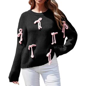 Saodimallsu Womens Bow Sweater Chunky Knit Crew Neck Long Sleeve Y2k Drop Shoulder Pullover Jumpers