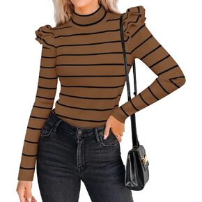 ZESICA Womens Striped Ruffle Long Sleeve Tops Fall Turtleneck Ribbed Knit Slim Fit Basic Shirt Casual Pullover Sweater
