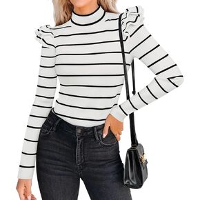 ZESICA إمرأة مخطط كشكش كم طويل بلايز الخريف الياقة المدورة مضلع متماسكة سليم صالح الأساسية قميص بلوزة كاجوال سترة in Kuwait