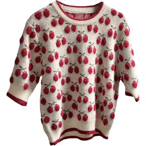 GORGLITTER Women's Cherry Print Embroidery Knit Sweater Round Neck Short Sleeve Pullover Sweater
