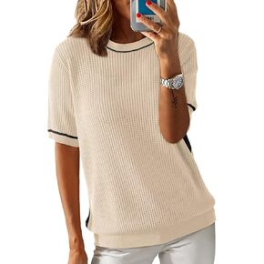 Dokotoo Women's Casual Short Sleeve Sweaters Loose Crewneck Crochet Hollow Out Knit Solid Pullover Sweater Jumper Tops
