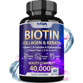 Biotin with Hyaluronic Acid, Keratin, and Collagen Supplements - 40.000 mcg Hair Growth Vitamins for Men and Women, Nails and Skin, B1, B2, B3, B6, B7 Complex - 60 Capsules, USA in Saudi Arabia