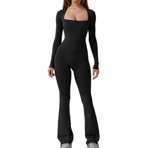 Honganda Sexy Women's Square Neck Jumpsuit Long Sleeve Slim Fit Bodycon Romper Wide Leg Pants Playsuit